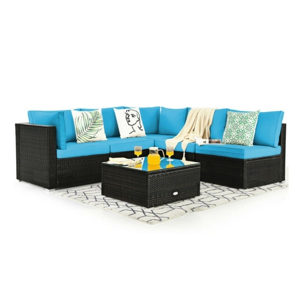 6-Piece Rattan Patio Furniture Set with Glass Top Table - Turquoise