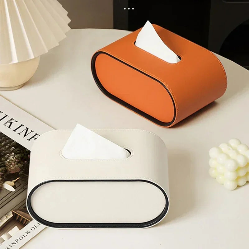 Luxury Tissue Box Orange Designer Paper Box High-end Living Room Creative Oval Leather Bedroom Desktop Napkin Storage Box Organization
