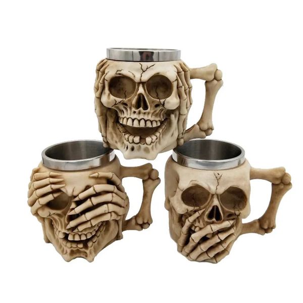Creative 3D Skull Beer Mug Goblet Bowl Resin Stainless Steel Double Layer Coffee Mug Bar Kitchen Decor Cup Halloween Gift 241009