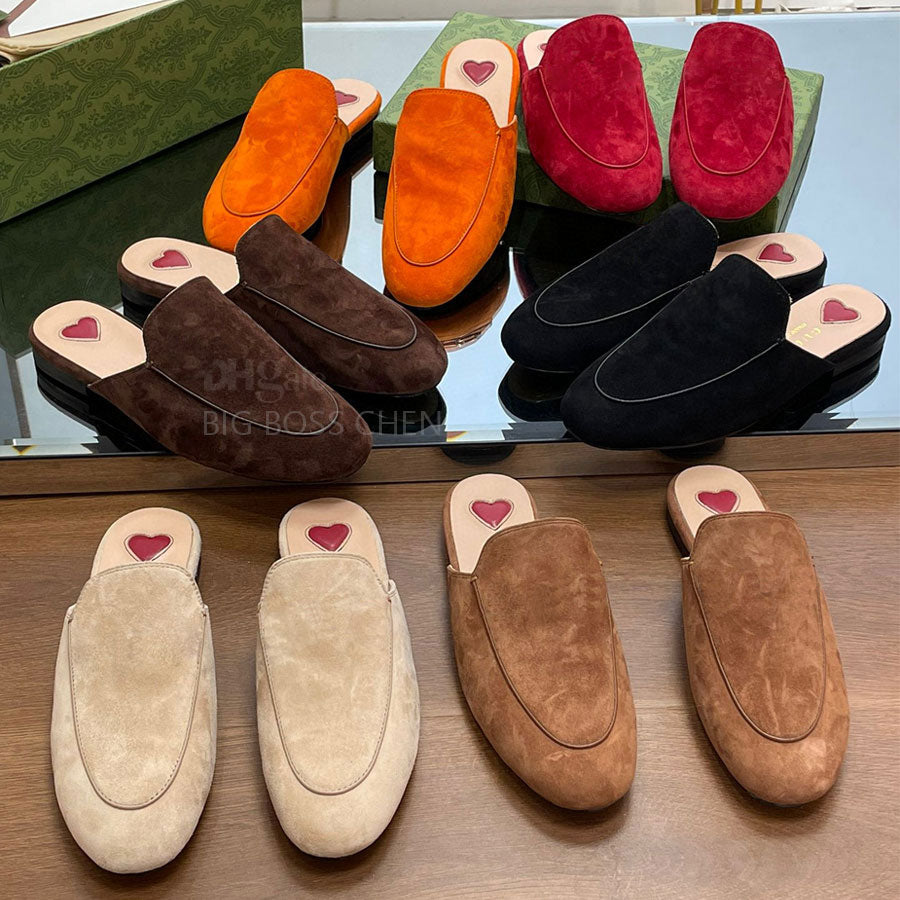 High quality Metal buckle Suede mules shoes Flat slides Slippers sandals slip on Beach shoes Luxury designer slides for womens Leisure walk shoe Moc