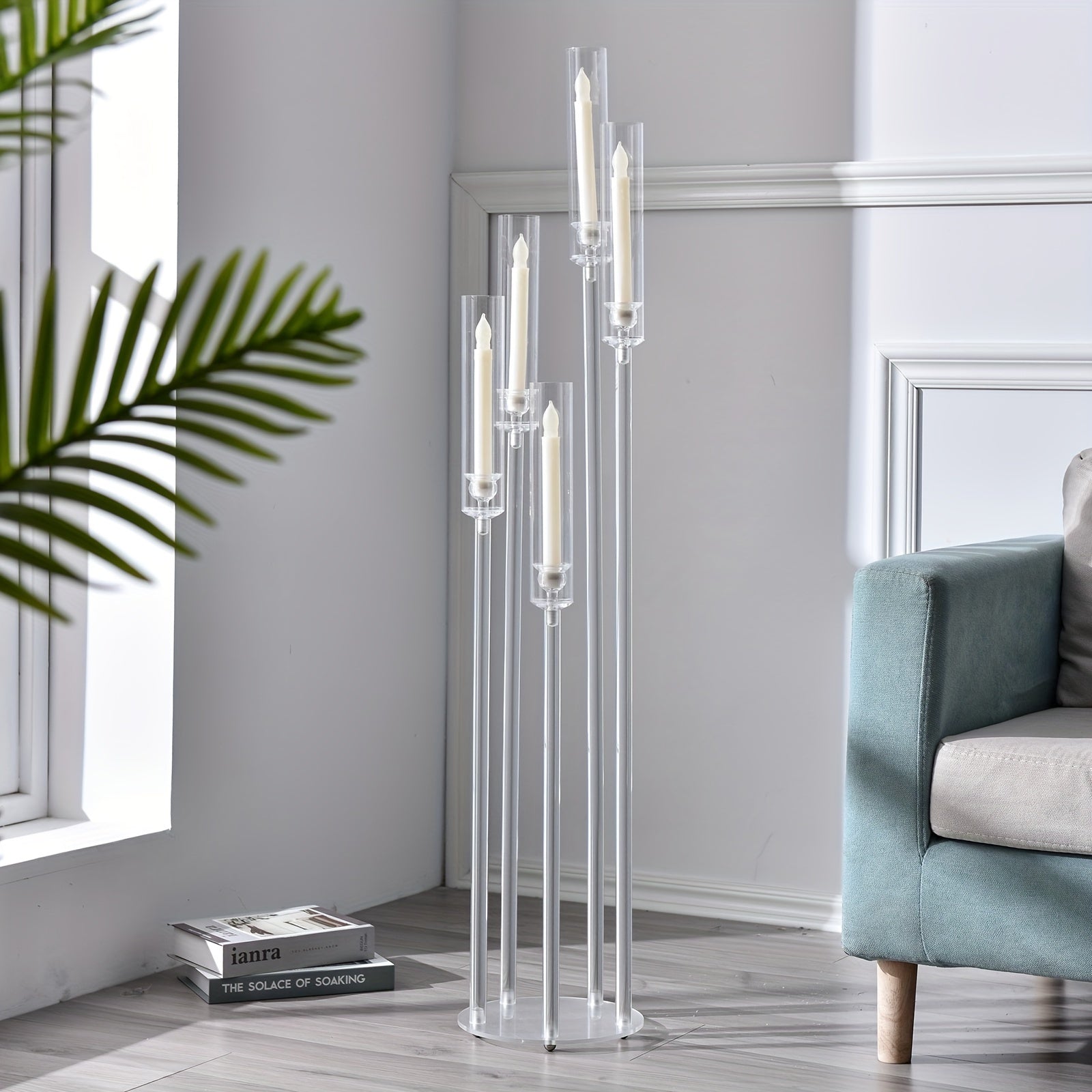 TEMU 5-arm Modern Acrylic Floor Candelabra - Tall Clear Transparent Taper Candle Holders For Weddings, Parties, Home Decor - Durable & Elegant