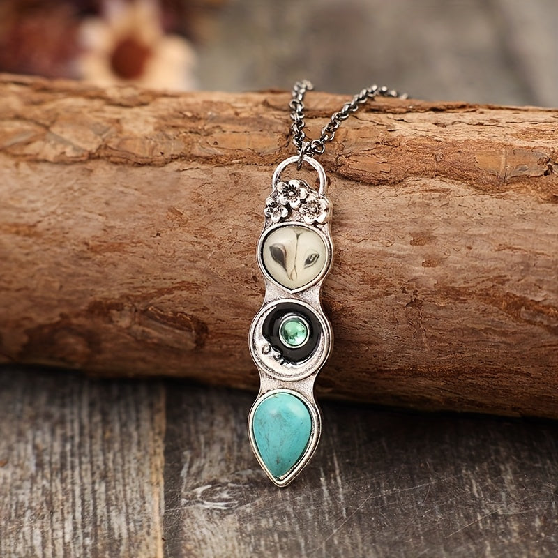 TEMU Vintage Bohemian Owl And Moon Pendant Necklace With Turquoise Stone Accents - Alloy Jewelry For Casual Attire