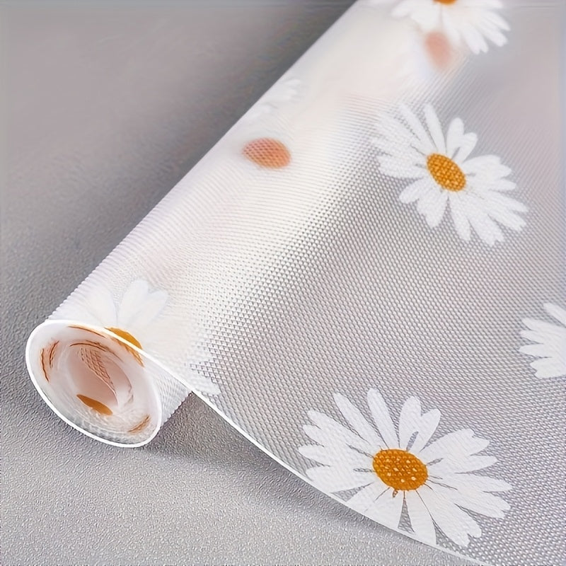 TEMU 2 Roll Daisy Pattern Non-slip Cabinet Liners - Heavy Duty Pvc Drawer, Fridge & Tabletop Mats With White Daisies & Yellow , Easy Clean Anti-slip