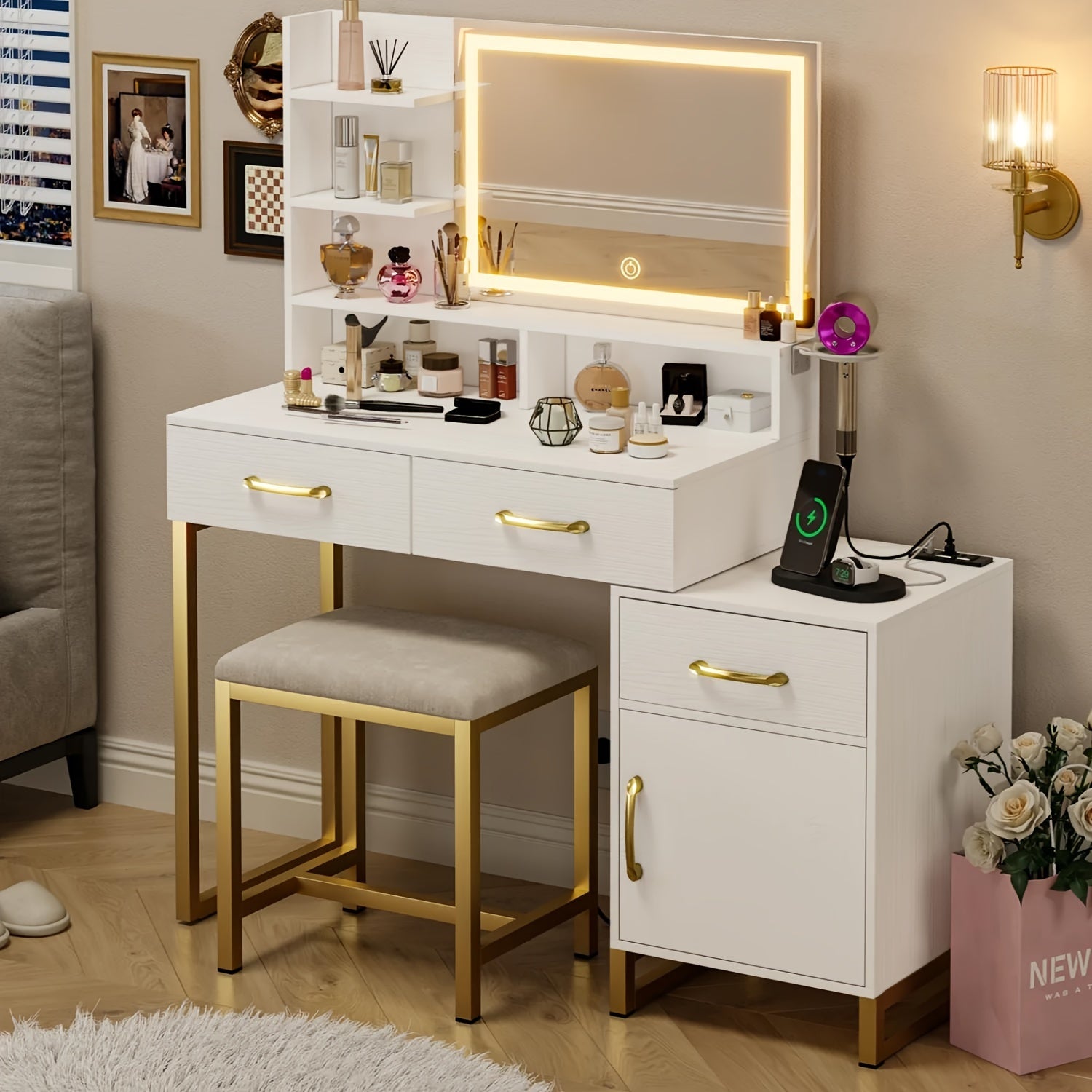 TEMU Vanity Desk With Led Light Mirror, Makeup Vanity Table Set With Charging Station, Bedroom Makeup Table With Storage, White & Golden