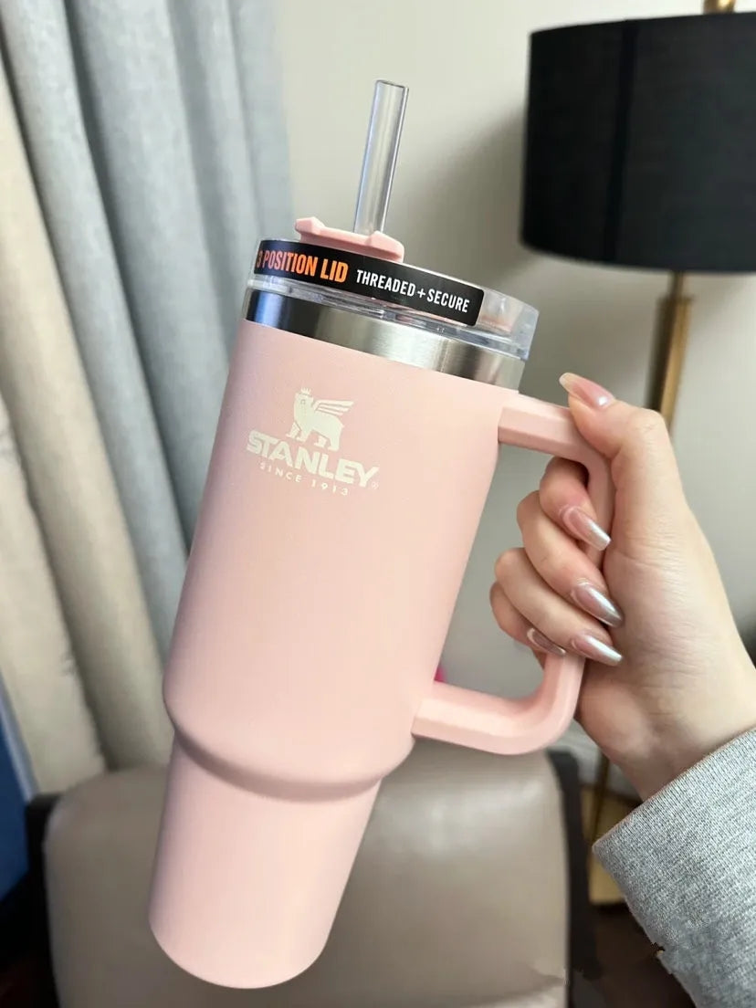 Pink Stanley Cups 40oz stainless steel tumbler with Logo handle lid straw big capacity beer mug water bottle powder coating camping cup vacuum insul