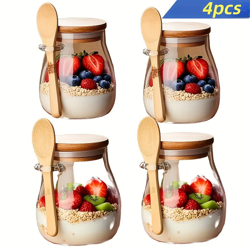 TEMU 4pcs 12oz Airtight Overnight Oats Containers With Lids And Spoons, Mason Jar Salad Bowls For Meal Prep – Wide Mouth Glass Jars For Yogurt,
