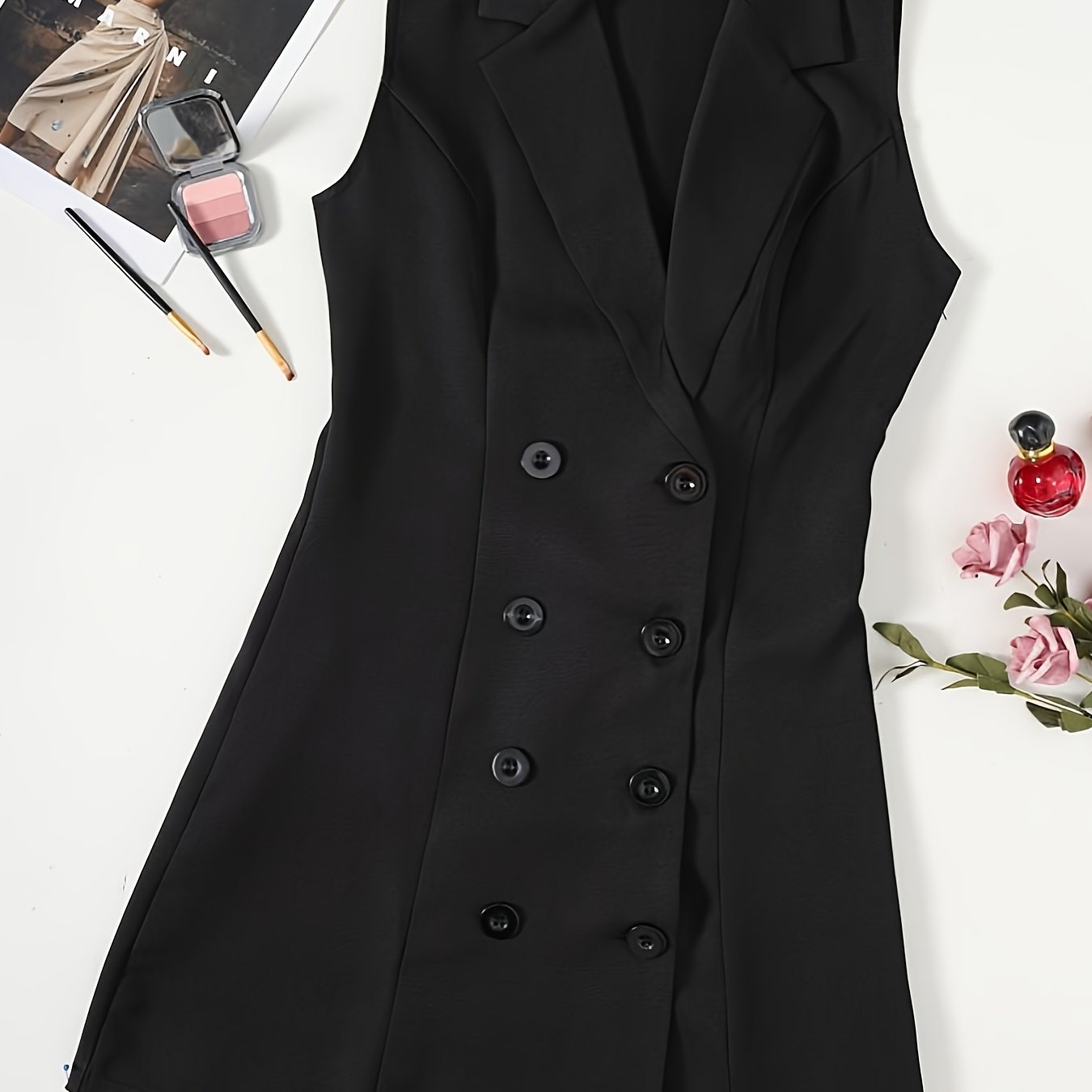 TEMU Women's Black Vest Suit Dress - Elegant Button-front Structure, Formal & Professional Attire, Non-stretch Fabric For Office, Parties, Events -