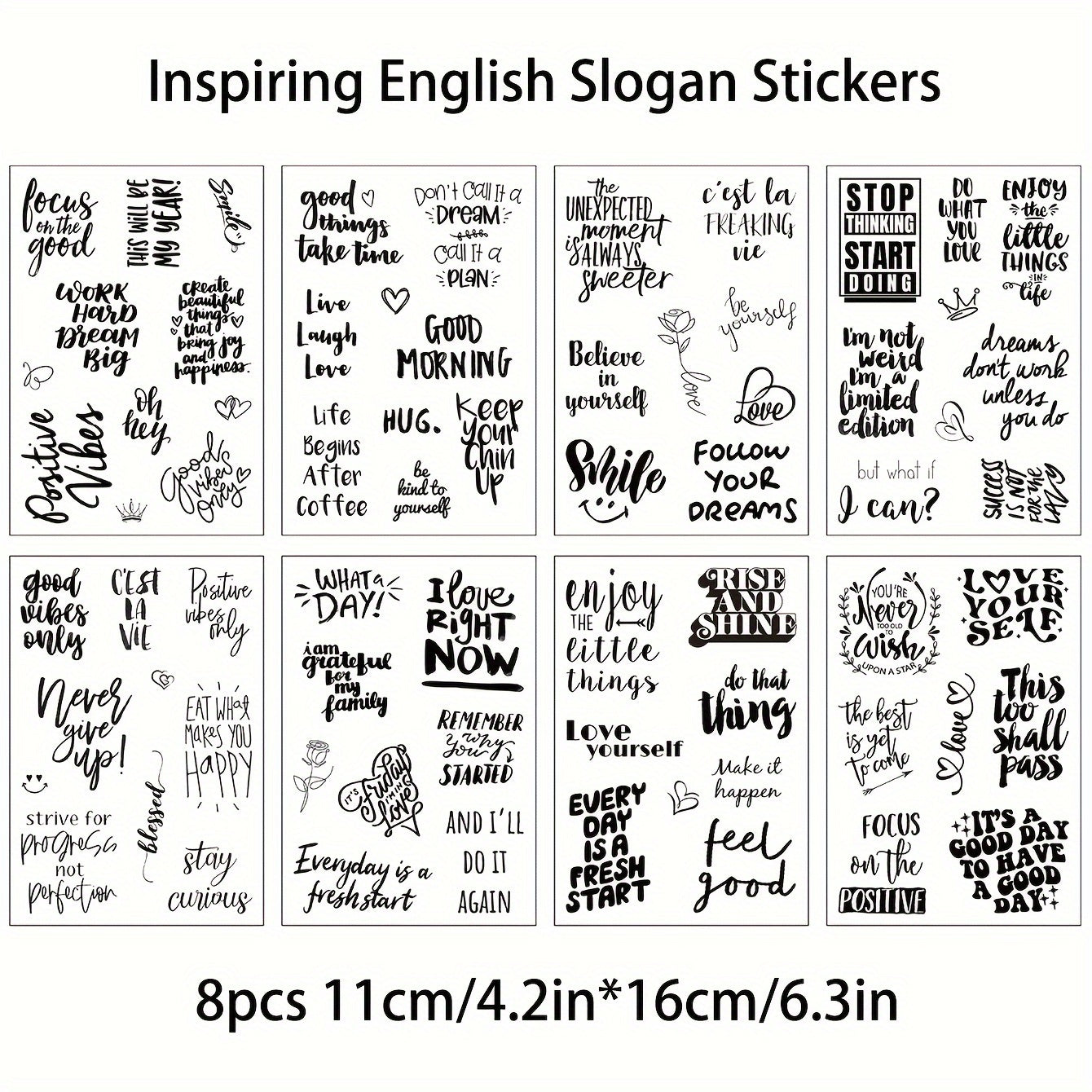 TEMU 8pcs Gutbd Inspirational English Slogan Stickers - Pvc, Motivational Phrases For Scrapbooking & Journaling, Aesthetic Diy Decoration With ,