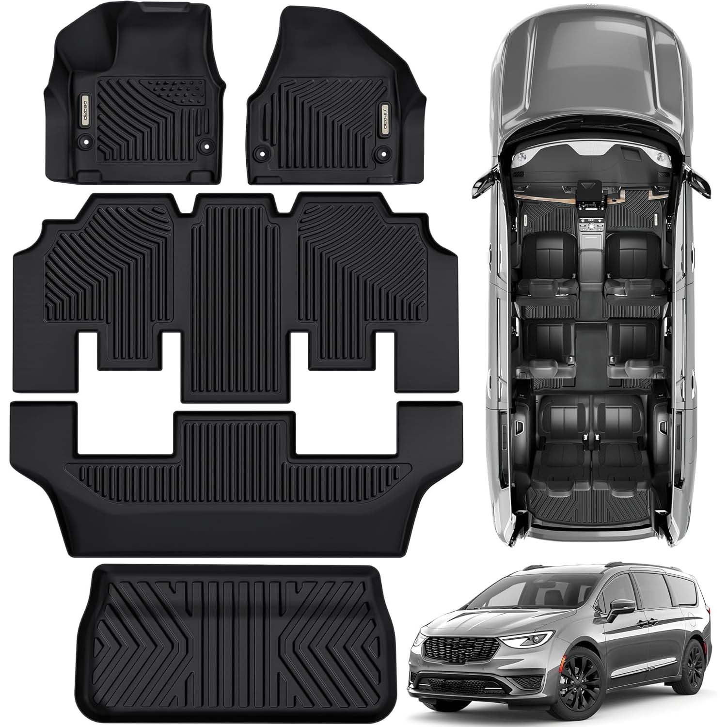 Floor Mats & Cargo Mat Fit for Chrysler Pacifica 2017-2025 (No Hybrid Models), Fit 7 and 8 Passenger Model, 3D All-Weather TPE Floor Liners