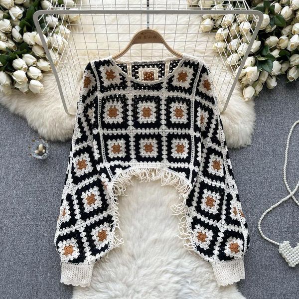 Women&#039;s Plus Size Outerwear Women&#039;s Blouses Chic Plaid Long Batwing Sleeve Vintage Hollow Crochet Tassel Capes Blouse Fashion Tops