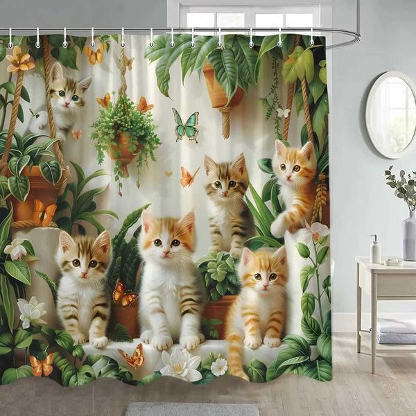Interesting cat shower curtains cute animals pets butterflies green leaves plants shower curtains polyester fabric bathroom decoration with