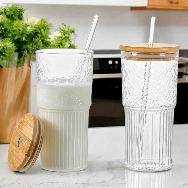 Ribbed Glassware Glass Cup with Lid and Straw Sleek 500ml Cocktail Beer Iced Coffee g Beautifully Crafted Drinking Glasses fC250116