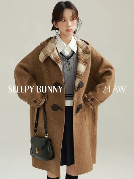DoubleFaced Wool Duffle Hoodie Coat Women Toggle Button Classic Plaid Collar Warm Long Overcoat Casual Autumn Winter Outerwear 241225