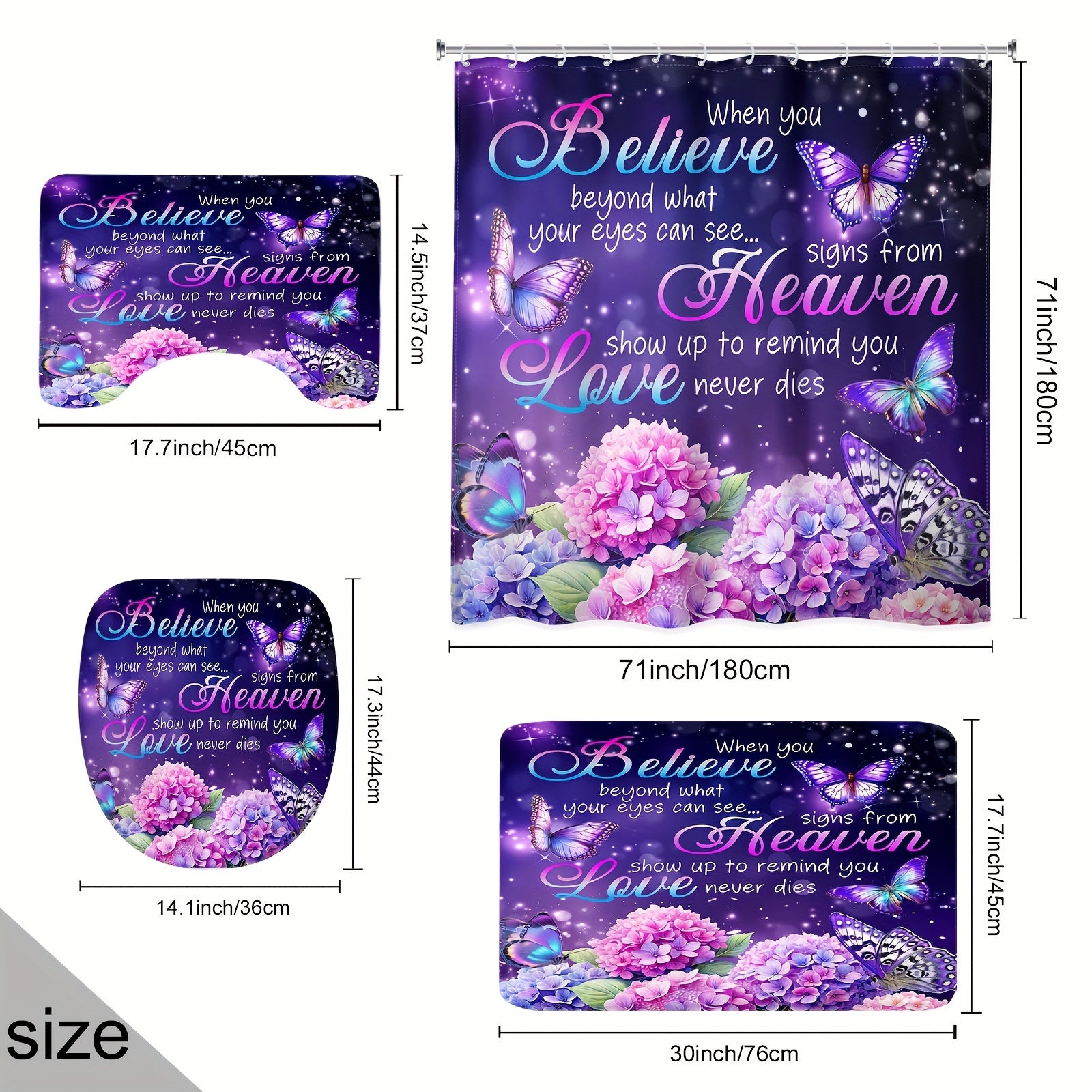 TEMU 1pc-4pcs - Floral Bathroom Sets Full Set, Fuchsia Hydrangea Inspirational Quotes Floral Plant Waterproof Shower Curtain With 12 Hooks, Bath