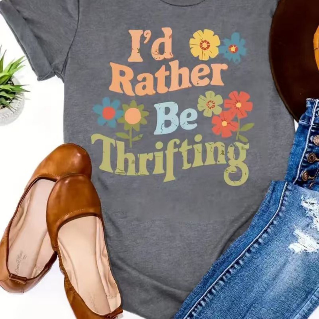 TEMU Women's Dark Grey T-shirt - "i'd Rather Be " Floral Text - Soft Breathable Everyday & Party Top - Minimalist Casual Tee For Events & Casual