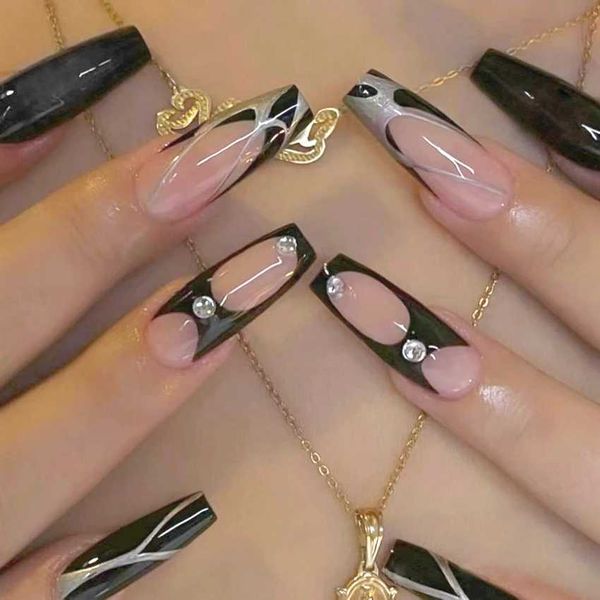 Nude black fake nails with rhinestones natural and unbreakable nails suitable for daily and party wear Y250108