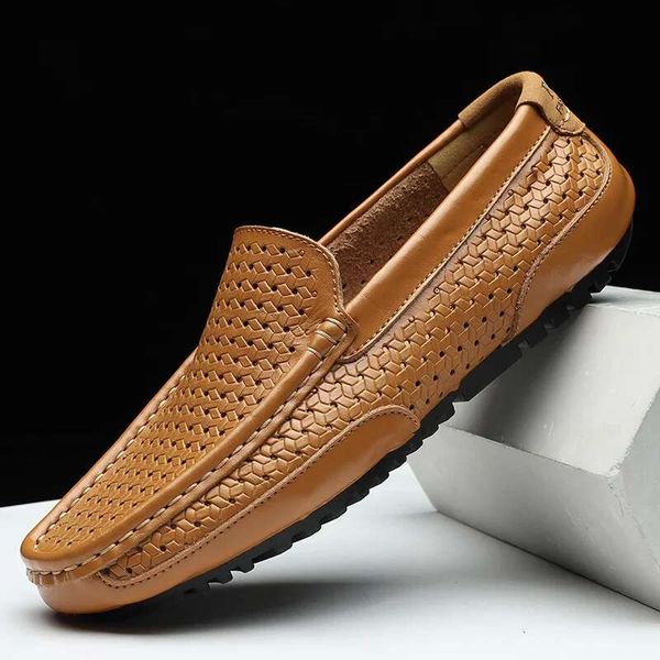 2023 Summer Men Casual Brand Genuine Leather Mens Loafers Moccasins Hollow Out Breathable Slip On Driving Shoes