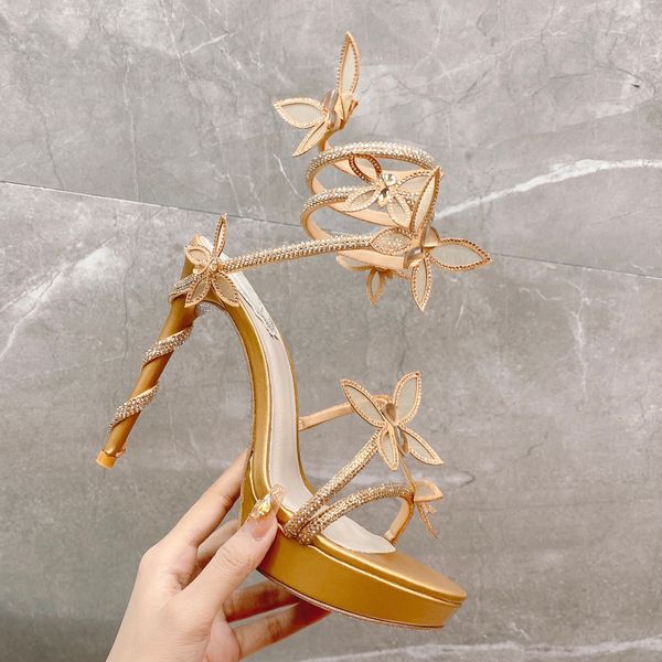 Gold platform Sandals Designer flower rhinestone Crystal pendant women shoe 13CM high heeled Water drill snake winding Sandal 35-43 with box