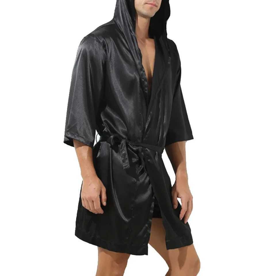 Mens Hooded Loose Satin Silk Bathrobe Pajamas Sleepwear Large Size Lace-up Nightgown Nightwear Long Sleeve Bath Robe Nightwear Y240919