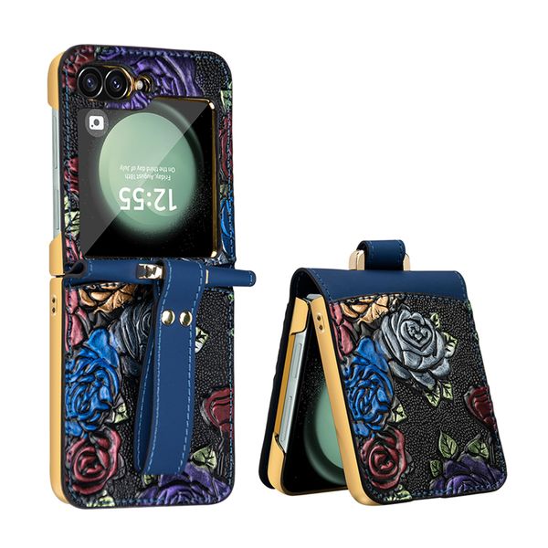 Wristband Membrane Hinged Phone Case for Samsung Galaxy Z Flip 3 4 5 6 5G Sturdy Graffiti Plating Full Protective Screen Protector Flower Pr