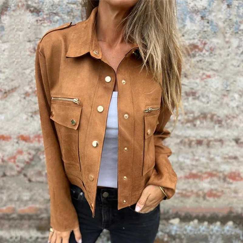 Elegant Metal Zipper Button Short Coats Fashion Lapel Collar Solid Color Suede Jacket Women Casual Long Sleeve Pocket OuterwearX240920