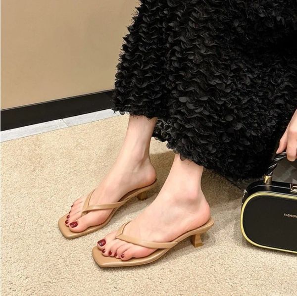 New Genuine 2024 Leather Retro Square Toe Pinch Fashion High Heel Slippers Women Women&#039;s Sandals a2a2 &#039;s