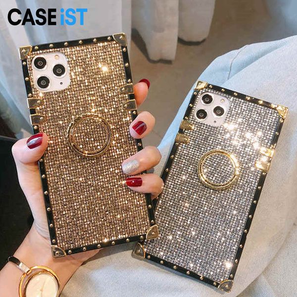 CASEiST Luxury Glitter Full Diamond Square Phone Case With Ring kickstand Holder Bling Sparkle Woman Rhinestone Cover For iPhone 16 15 14 13