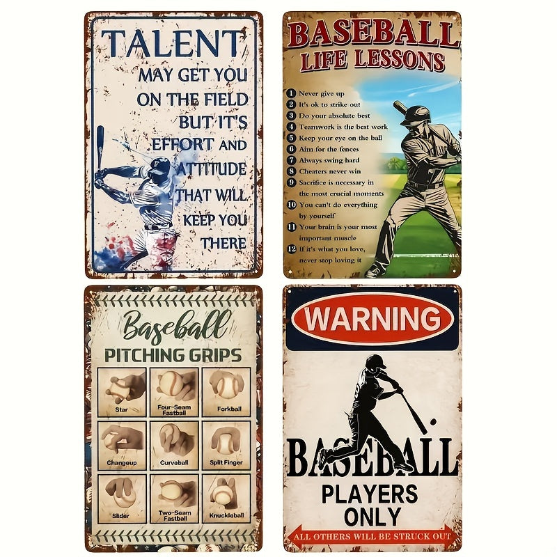 TEMU 4pcs Vintage Metal Sign - Baseball Warning Poster, Wall Art For Home, Bar, Cafe, Coffee Shop, Aesthetic Room Decor, Holiday Ornaments, Christmas