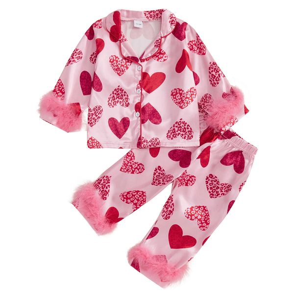Kids Baby Girls 2PCS Pajama Sets Valentines Day Sleepwear Feathers Trim Long Sleeve Shirt Pants Heart Print Loungewear Outfits 250110