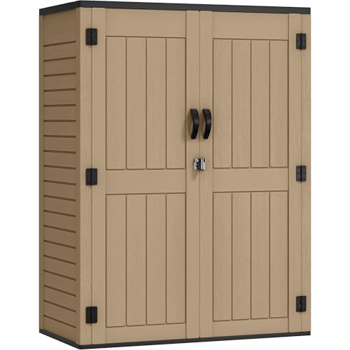 YITAHOME 59 Cuft Outdoor Tall Storage Shed, Waterproof Vertical Resin Shed for Garden, Garage, Patio, Lockable Tool Storage, No Shelves Included, Brow