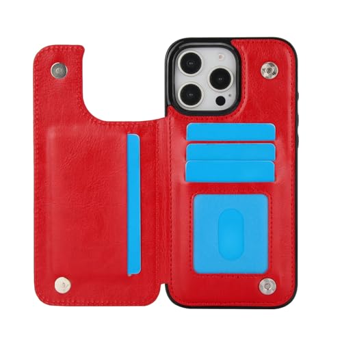 for iPhone 16 Pro Max Case with Credit Card Holder,RFID Blocking,PU Premium Leather Double Magnetic Clasp Kickstand Heavy Duty Protective Cover.(Red)
