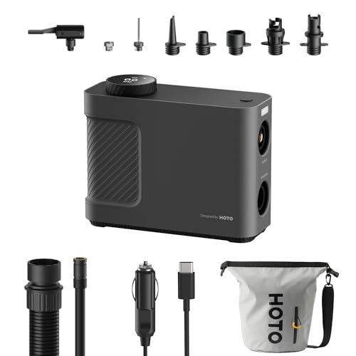 HOTO Air Pump Master, Portable Cordless Tire Inflator, Electric Air Pump with 9 Pump Modes, 12V DC Car Connector for Car, Bikes, Inflatable Pool Float