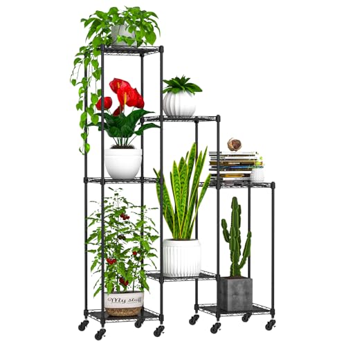 Abimars 59'' Plant Stand with Wheels, Shelf Height Adjustable Metal Plant Shelf for 7 Potted Plants, DIY Assembly Indoor & Outdoor Plant Display Rack