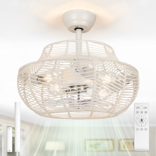 20" Boho Caged Ceiling Fan with Lights & Remote, Rustic Rope Rattan Woven Fandelier, 2 Downrods for Sloped Ceiling, Bladeless-Low Profile-6-speed-3 CC