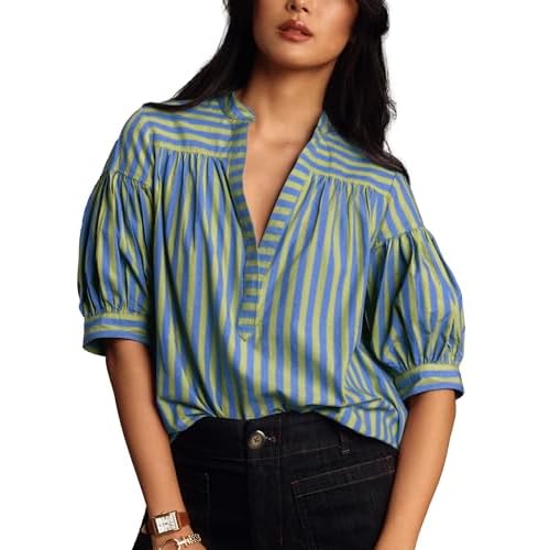 Women Puff Short Sleeve Blouse Trendy Striped V Neck Shirt Summer Business Casual Outfit Cute Babydoll Boho Loose Tops Green Large
