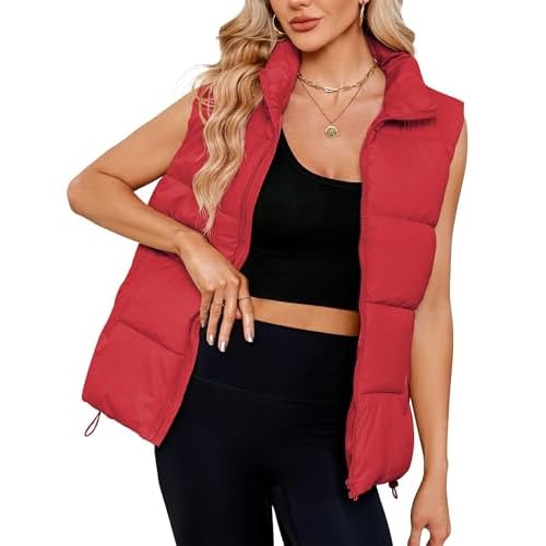 Women Quilted Puffer Vest Sleeveless Jacket Zip Up Stand collar Lightweight Outerwear with Pocket 2025 Trendy Plain Red X-Large