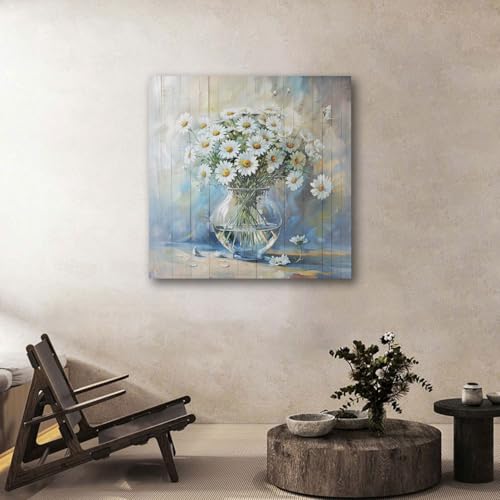 Ardemy Flower Canvas Wall Art Daisy Floral Wall Picture Framed for Bedroom Wall Decor Living Room Kitchen Home Office Bathroom14 x14 14"L x 14"W White
