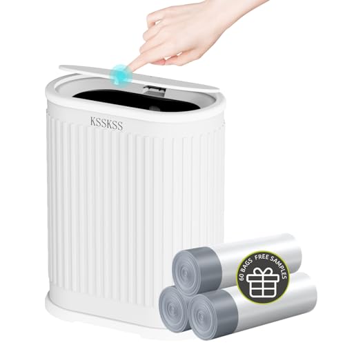 1.8 Gallons Small White Bathroom Trash Can with Lid, Slim Bathroom Garbage Bin, Removable Liner Bucket, Dog Proof Trash Can with Pop-Up Lid for Bedroo