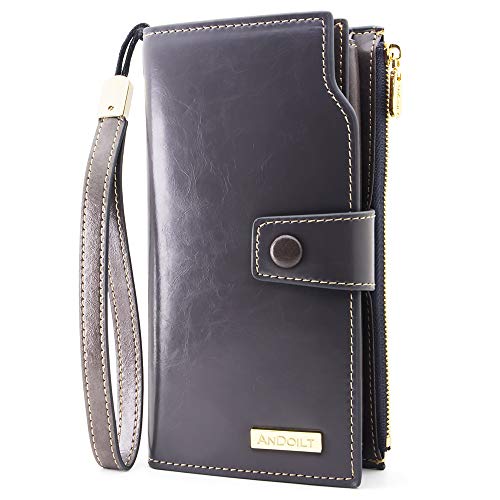 ANDOILT Women's RFID Blocking Large Capacity Luxury Wax Genuine Leather Clutch Wallet Card Holder Organizer Ladies Purse Gray