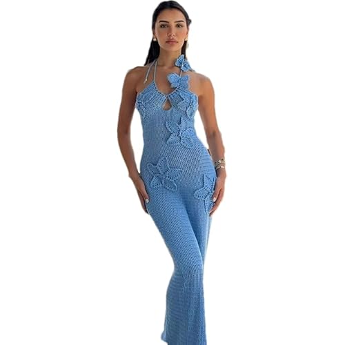 RanRui Women's Halter 3D Flower Knitted Hollow Out Beach Dress balckless Open Back Swimsuit Cover up Holiday Party Dress Blue Medium