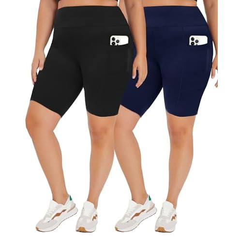 TNNZEET 2 Pack Plus Size Biker Shorts for Women - 8" Black High Waisted Tummy Control Spandex Workout Shorts (XL-4XL) 4X-Large Black-Navy Blue（2 Poc