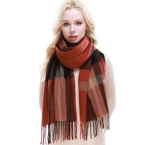 RIIQIICHY Plaid Scarf for Women Fall Winter Pashmina Scarves Wraps for Cold Weather Warm Large Rust-Black-Beige