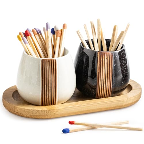 Ceramic Match Holders with Striker - Matchstick Container Set of 2 with Tray for Bathrooms, Cafes & Modern Homes - Matches NOT Included, Black and Whi