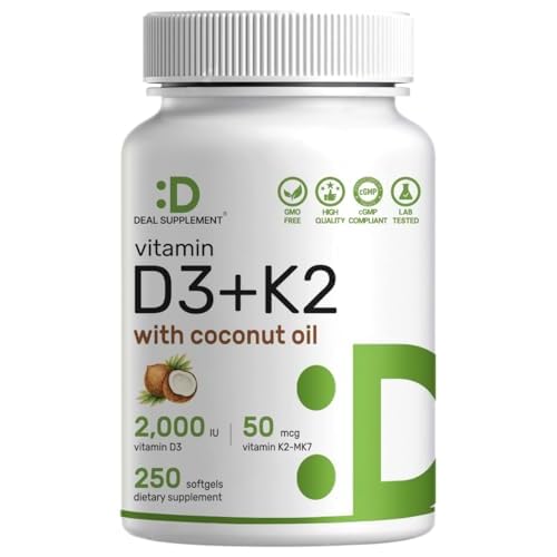 DEAL SUPPLEMENT Vitamin D3 2,000 IU + K2 MK7 50mcg Softgels | 2-in-1 Complex with Virgin Coconut Oil | Supports Heart, Bone, Teeth & Immune Health | E