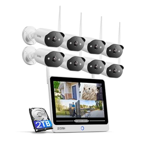 ZOSI 2K Wi-Fi 6 Überwachungskamera Set Aussen mit 12" Monitor NVR, 2TB HDD, 8X 3MP WLAN Kamera mit 2 Wege Audio, KI Personenerkennung, Farbnachtsicht