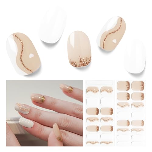 Semi Cured Gel Nail Strips, 30 Pcs Solid Color UV Stickers, Wraps for Home DIY, Salon Quality With Prep Pads, File & Wood Stick - Greenish Pink