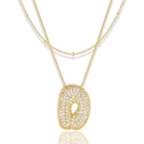 Bubble Letter Necklace Gold for Women，Layered Plated Initial Pendant Puffy Zircon Name Personalized Necklaces Fashion Jewelry for Gifts Letter D