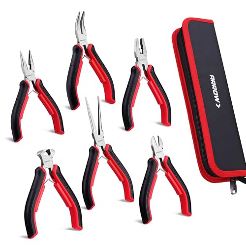 ARROW Mini Pliers Set, 6-Piece Precision Jewelry & Craft Kit – Includes Needle, Diagonal, Long, Bent, End Cutting & Lineman Pliers for Electronics,