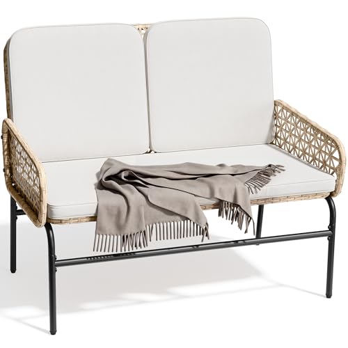 YITAHOME Patio Loveseat Wicker Outdoor Furniture, All Weather Rattan Conversation Loveseat for Backyard, Balcony and Deck with Soft Cushions, Light Br