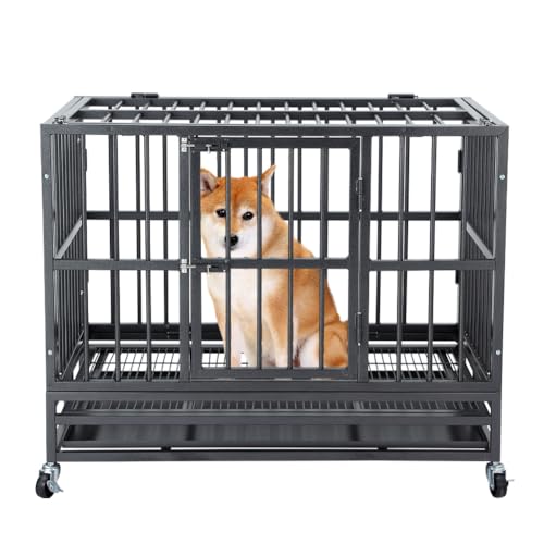 Garvee 45 inch Heavy Duty Indestructible Dog Crate Steel Escape Proof,Indoor Dog House High Anxiety Cage,Kennel with Wheels,Removable Tray